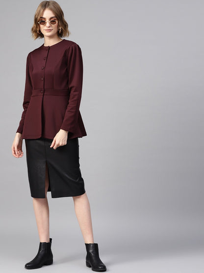 Women's Burgundy Scuba Double-Breast Peplum Coat
