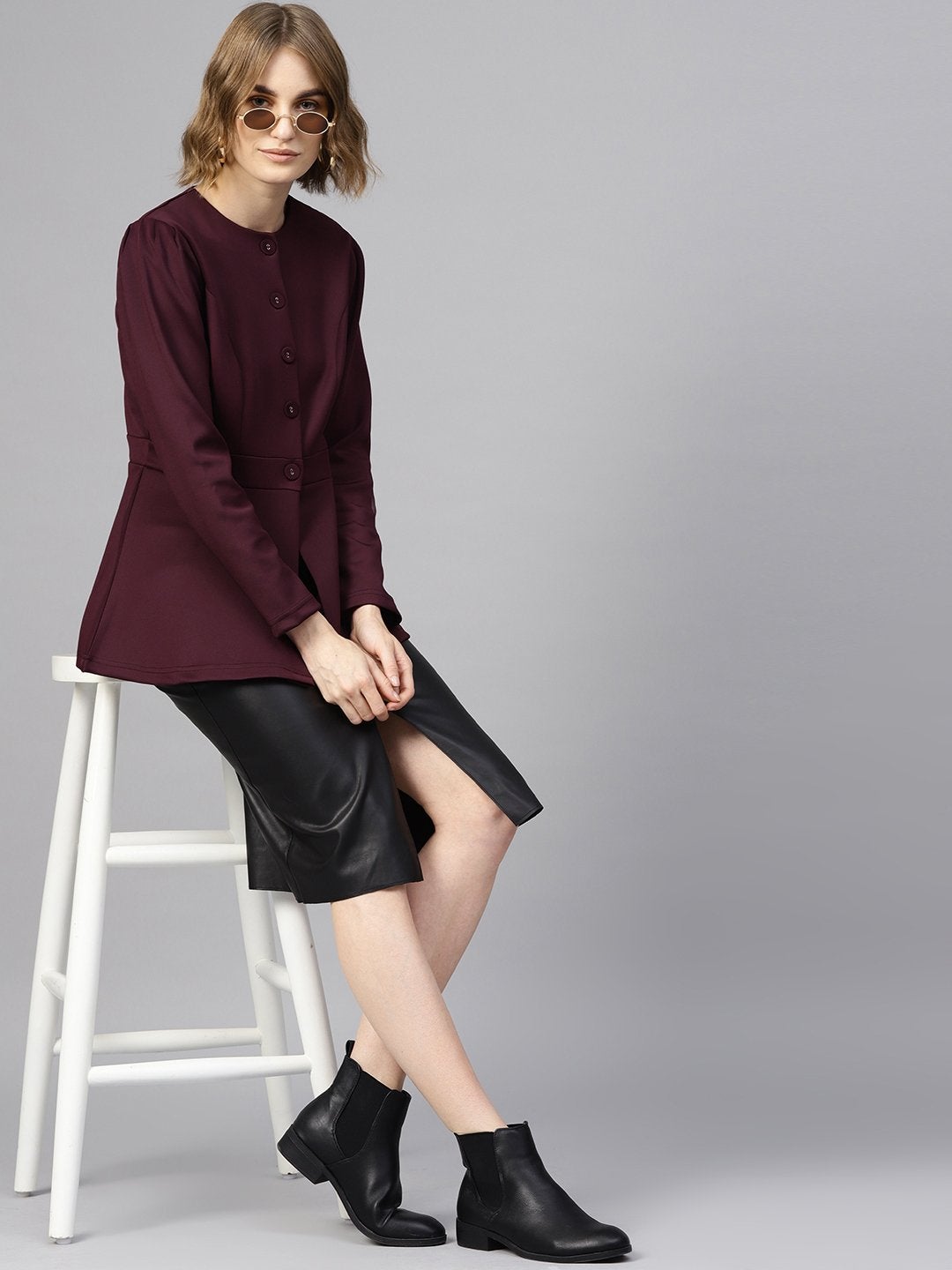Women's Burgundy Scuba Double-Breast Peplum Coat