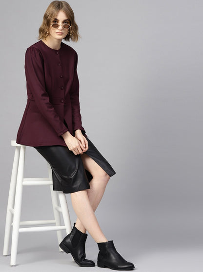 Women's Burgundy Scuba Double-Breast Peplum Coat