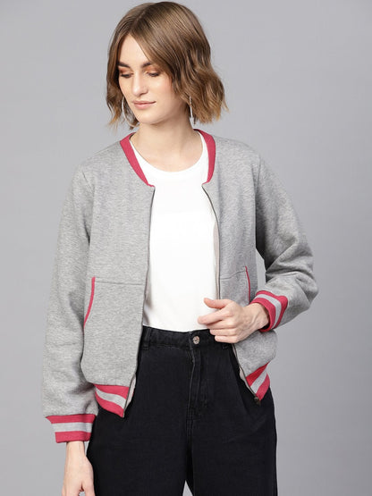 Women's Grey Kangaroo Pocket Bomber Jacket
