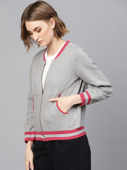 Women's Grey Kangaroo Pocket Bomber Jacket