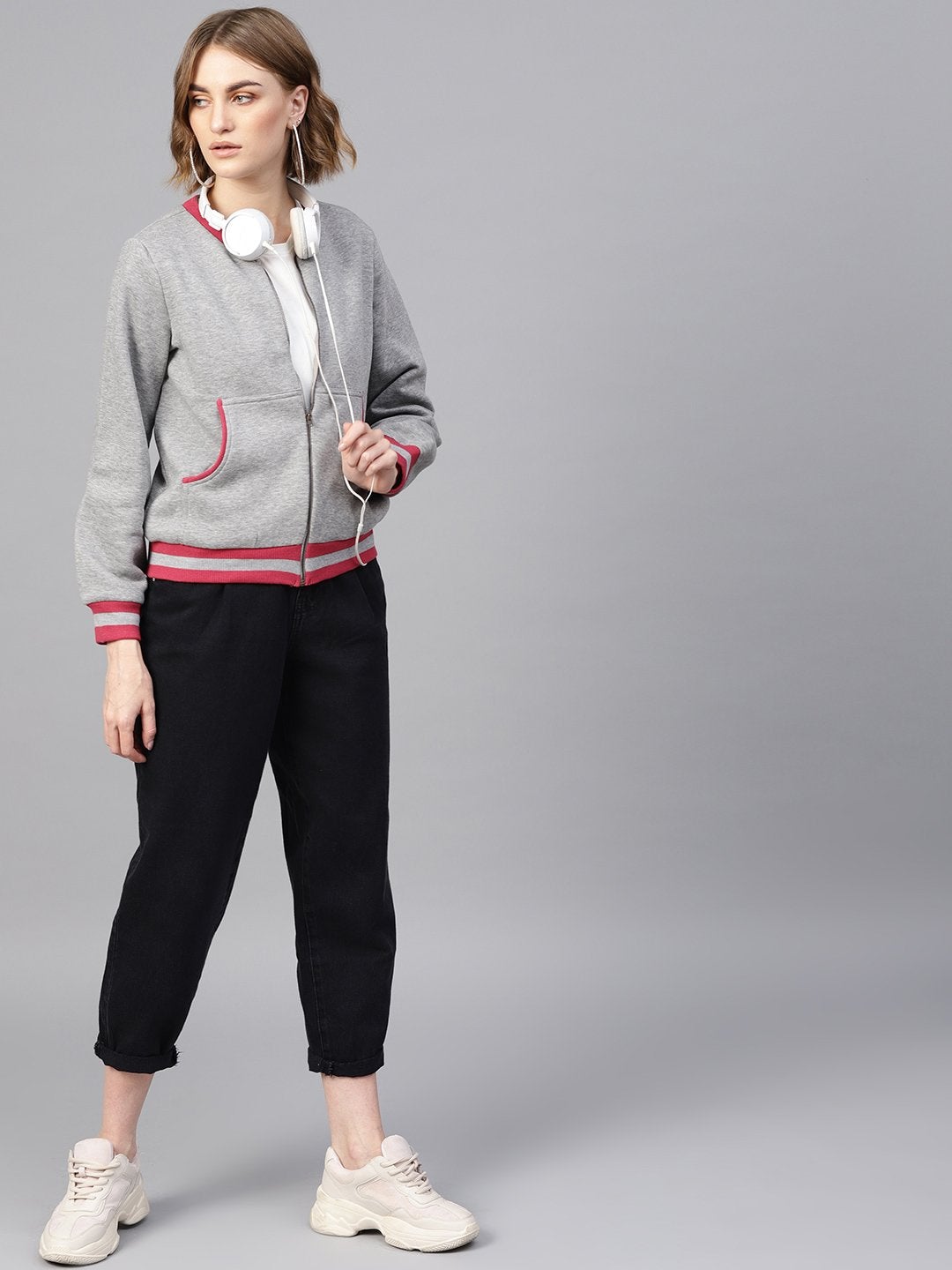 Women's Grey Kangaroo Pocket Bomber Jacket