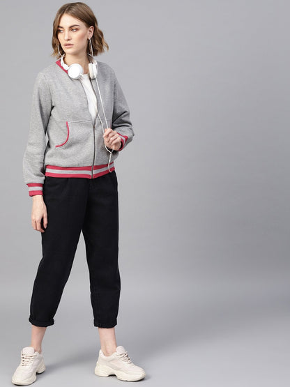 Women's Grey Kangaroo Pocket Bomber Jacket