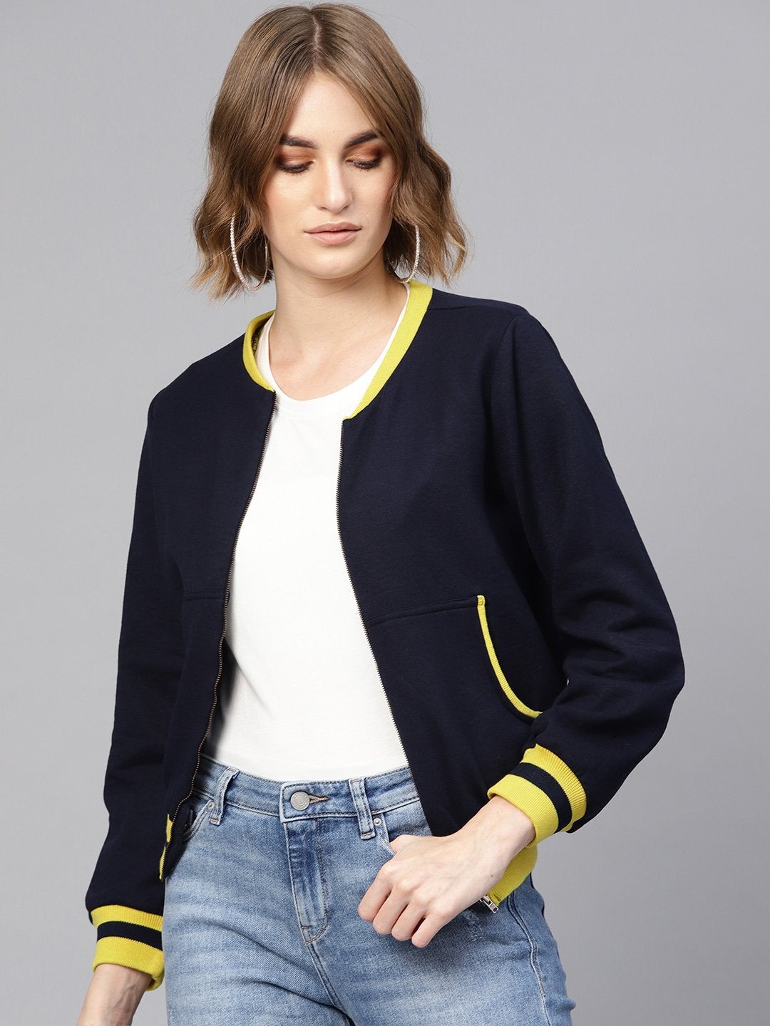 Women's Navy Kangaroo Pocket Bomber Jacket