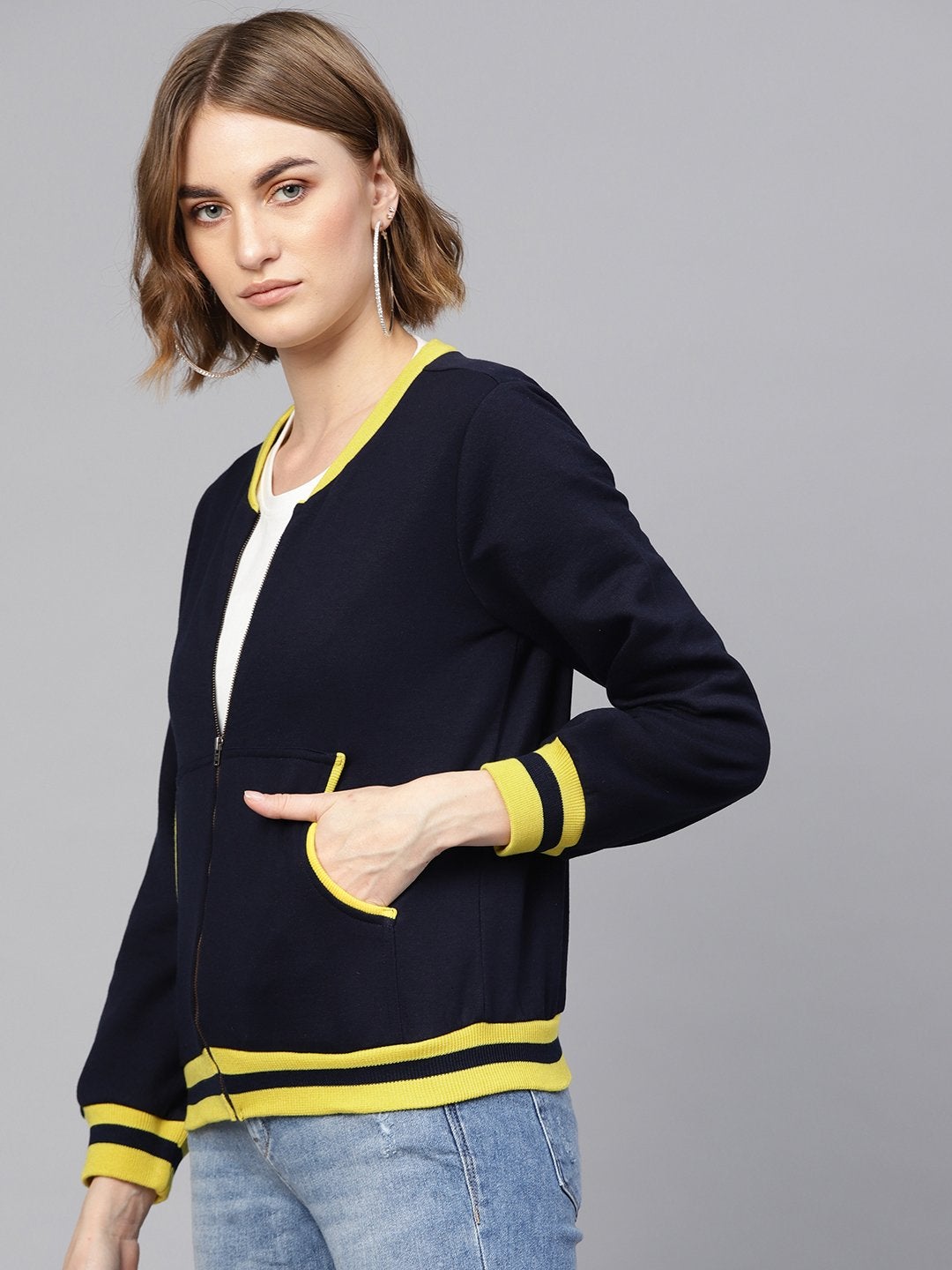 Women's Navy Kangaroo Pocket Bomber Jacket