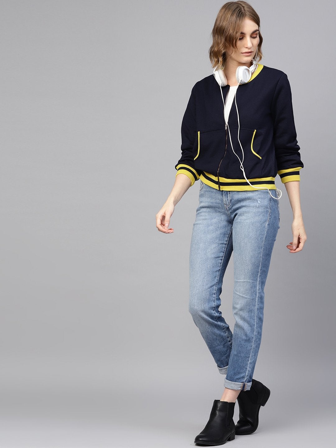 Women's Navy Kangaroo Pocket Bomber Jacket