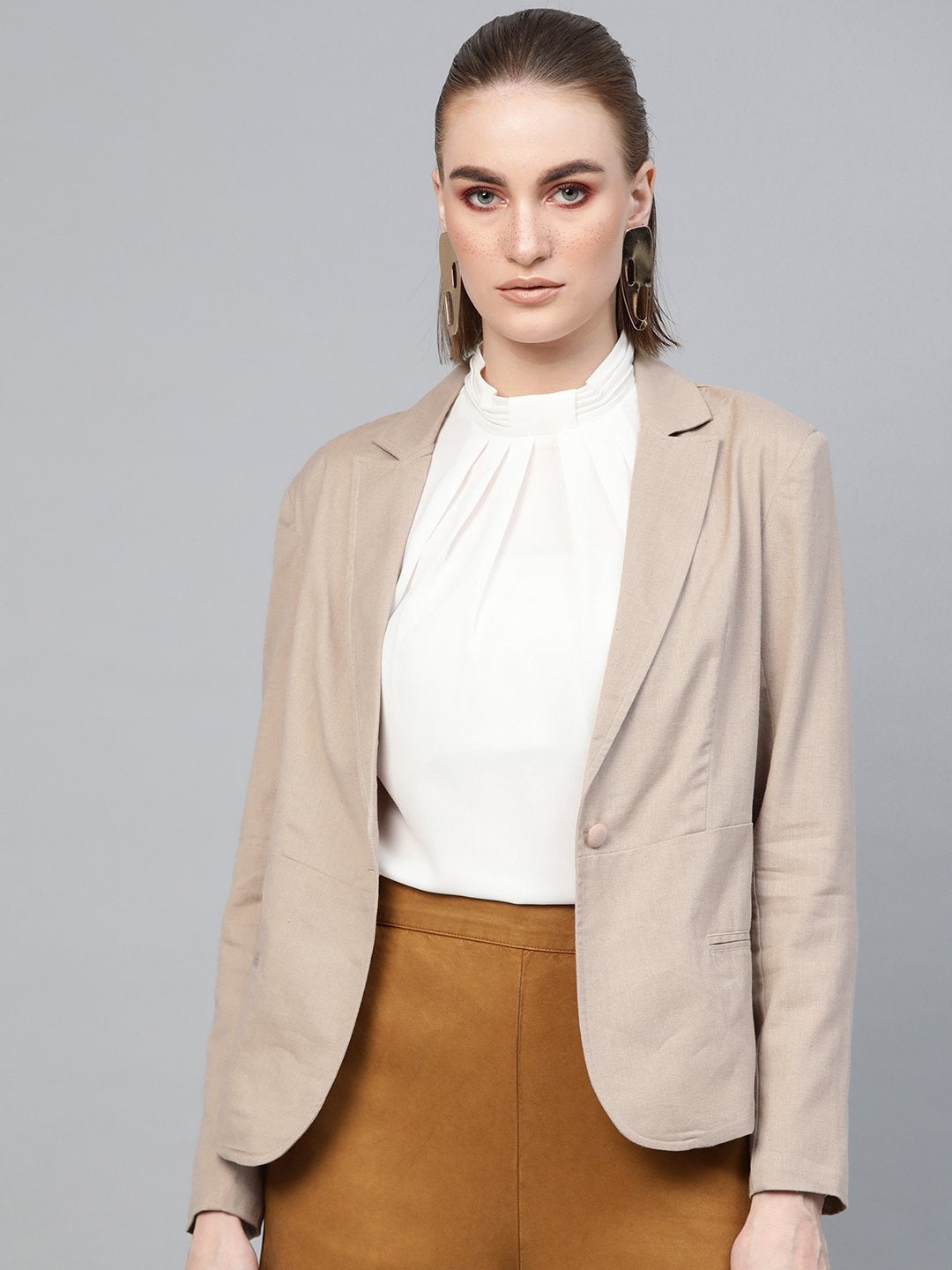 Women's Beige Cotton Linen Blazer