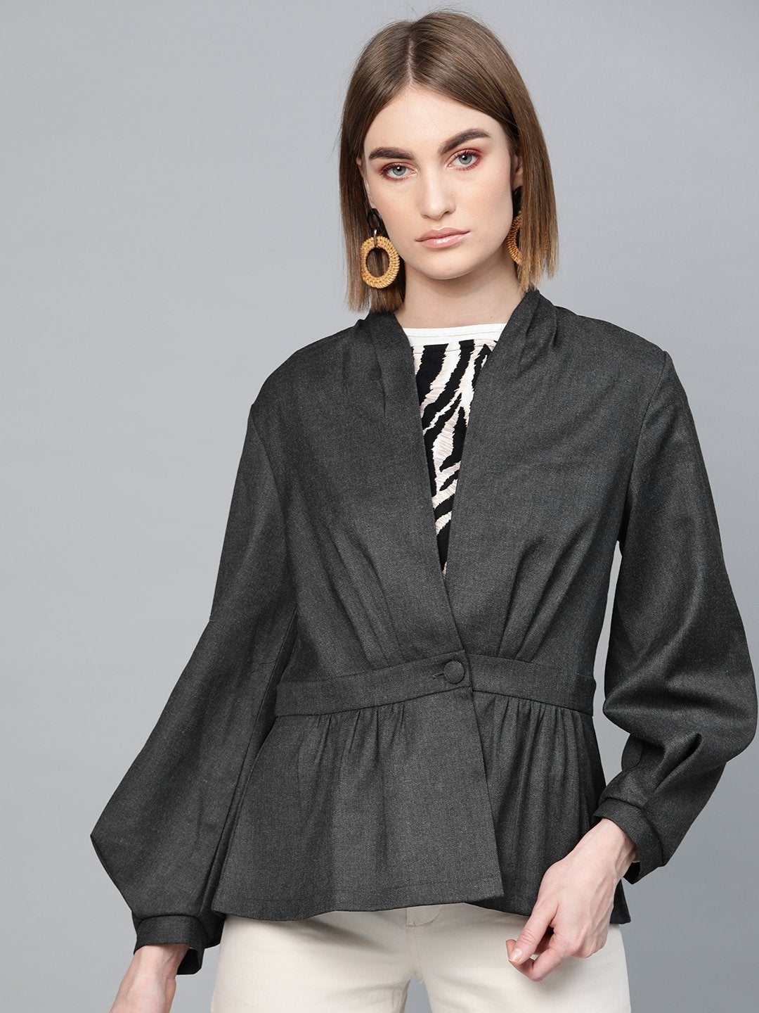Women's Dark Grey Peplum Balloon Sleeve Blazer