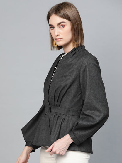 Women's Dark Grey Peplum Balloon Sleeve Blazer