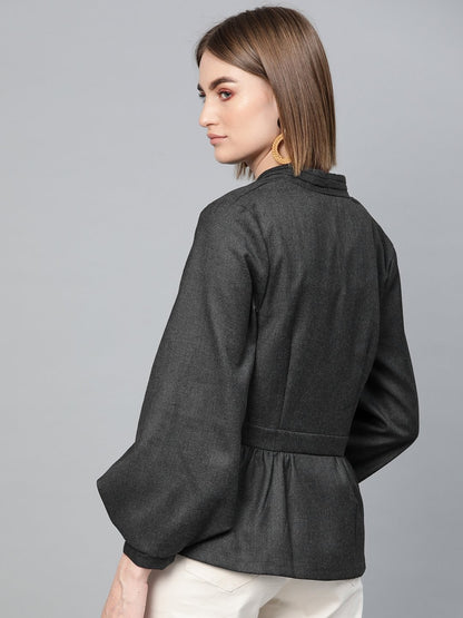 Women's Dark Grey Peplum Balloon Sleeve Blazer