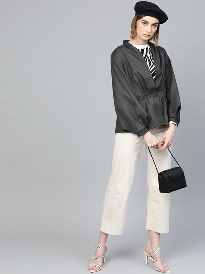 Women's Dark Grey Peplum Balloon Sleeve Blazer