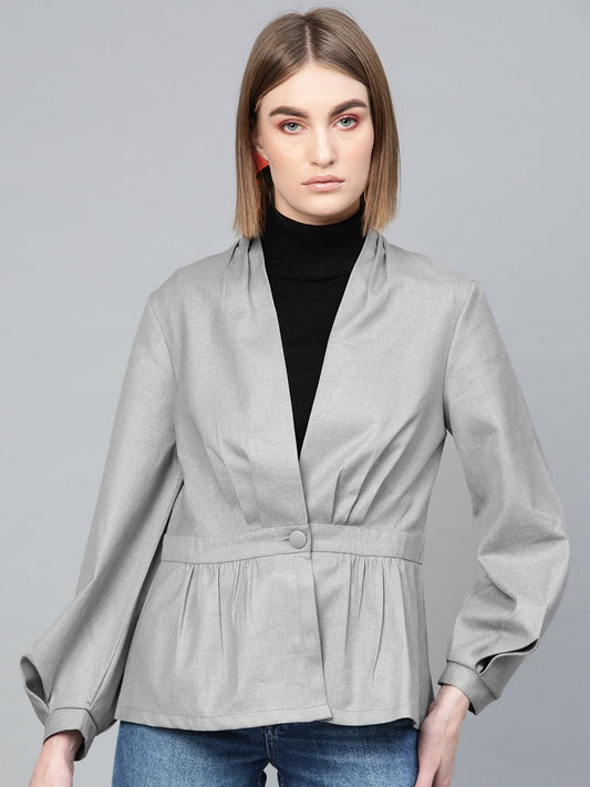 Women's Light Grey Peplum Balloon Sleeve Blazer