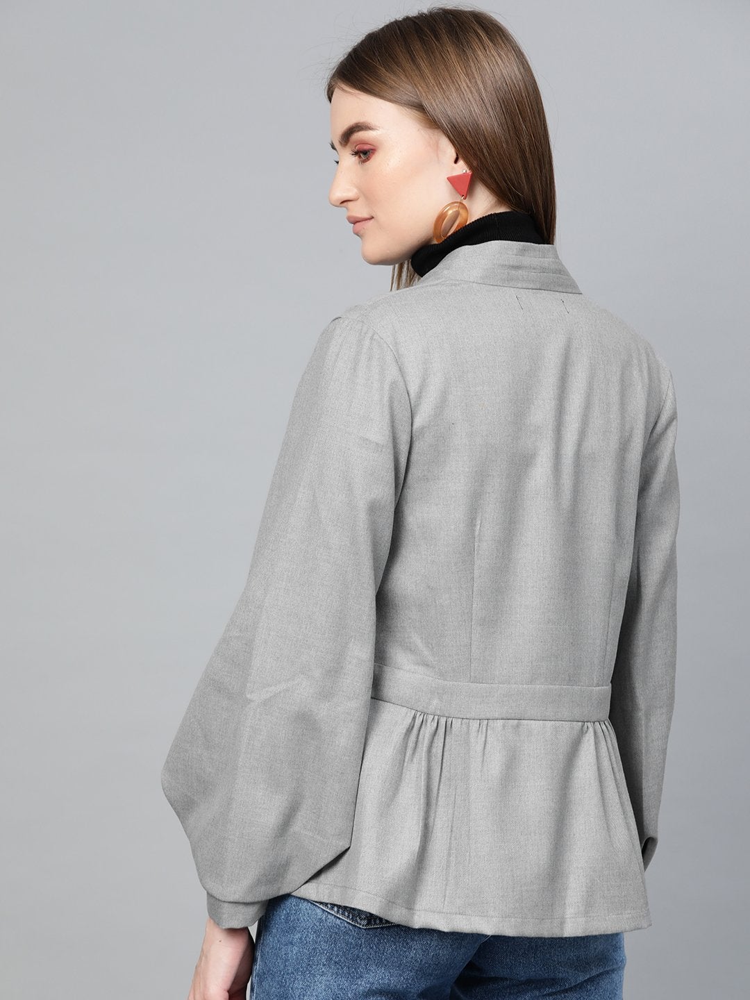 Women's Light Grey Peplum Balloon Sleeve Blazer
