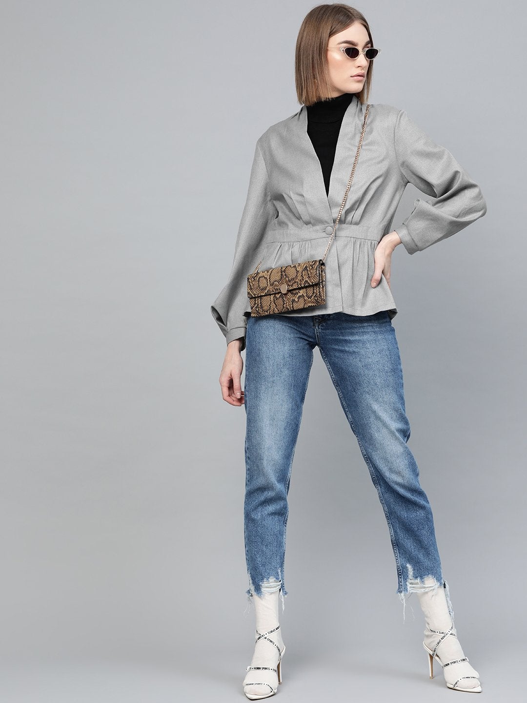 Women's Light Grey Peplum Balloon Sleeve Blazer