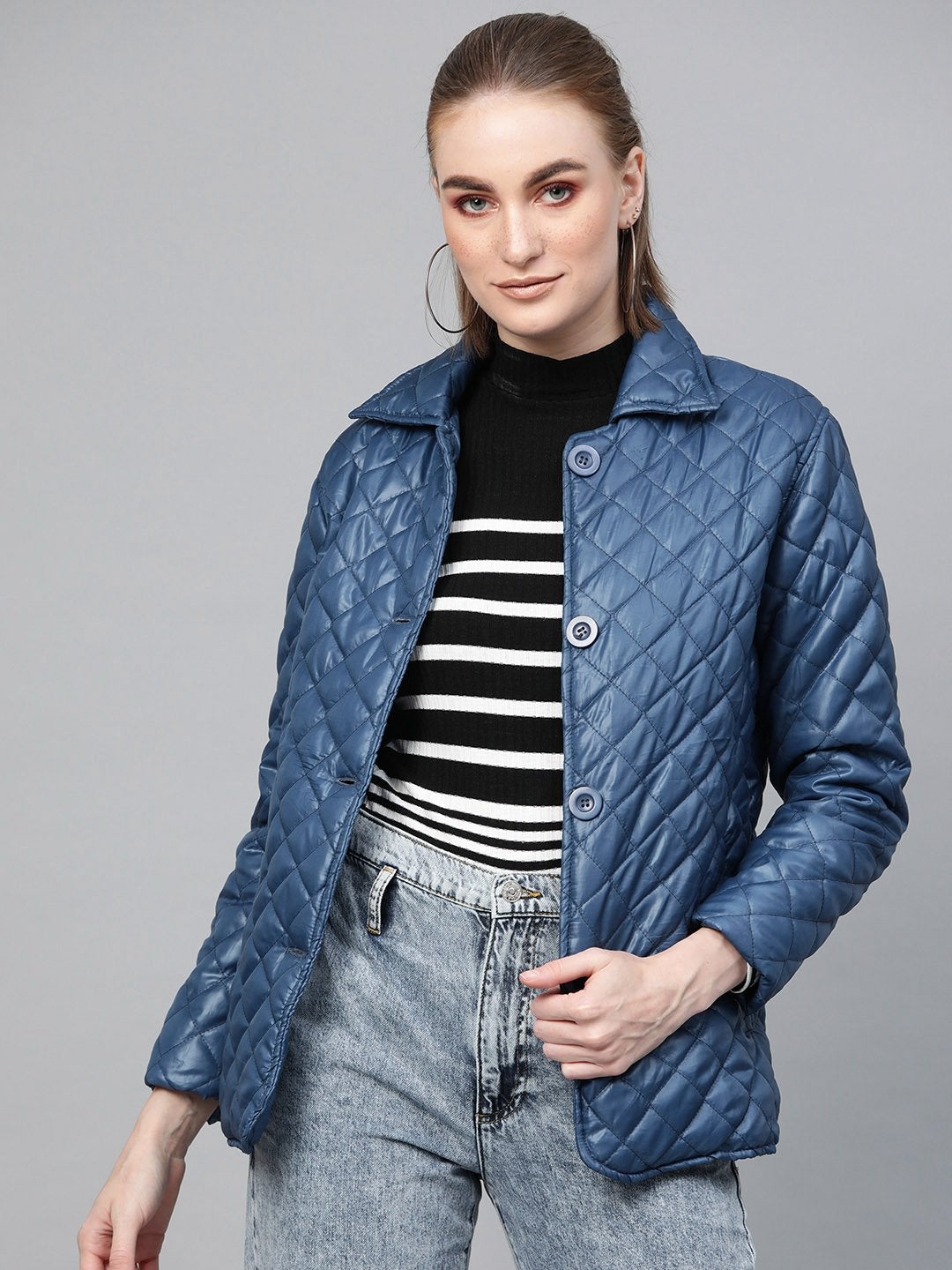 Women's Teal Quilted Collar Button Front Jacket