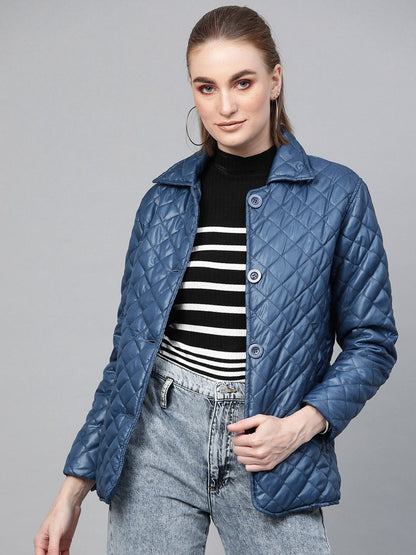 Women's Teal Quilted Collar Button Front Jacket