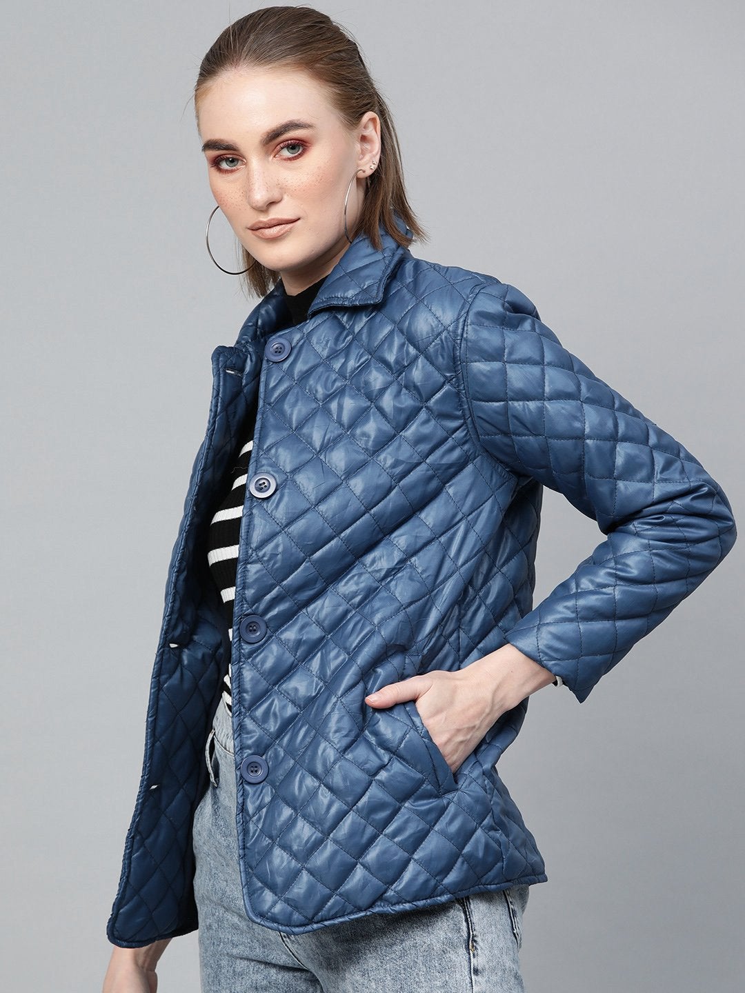 Women's Teal Quilted Collar Button Front Jacket