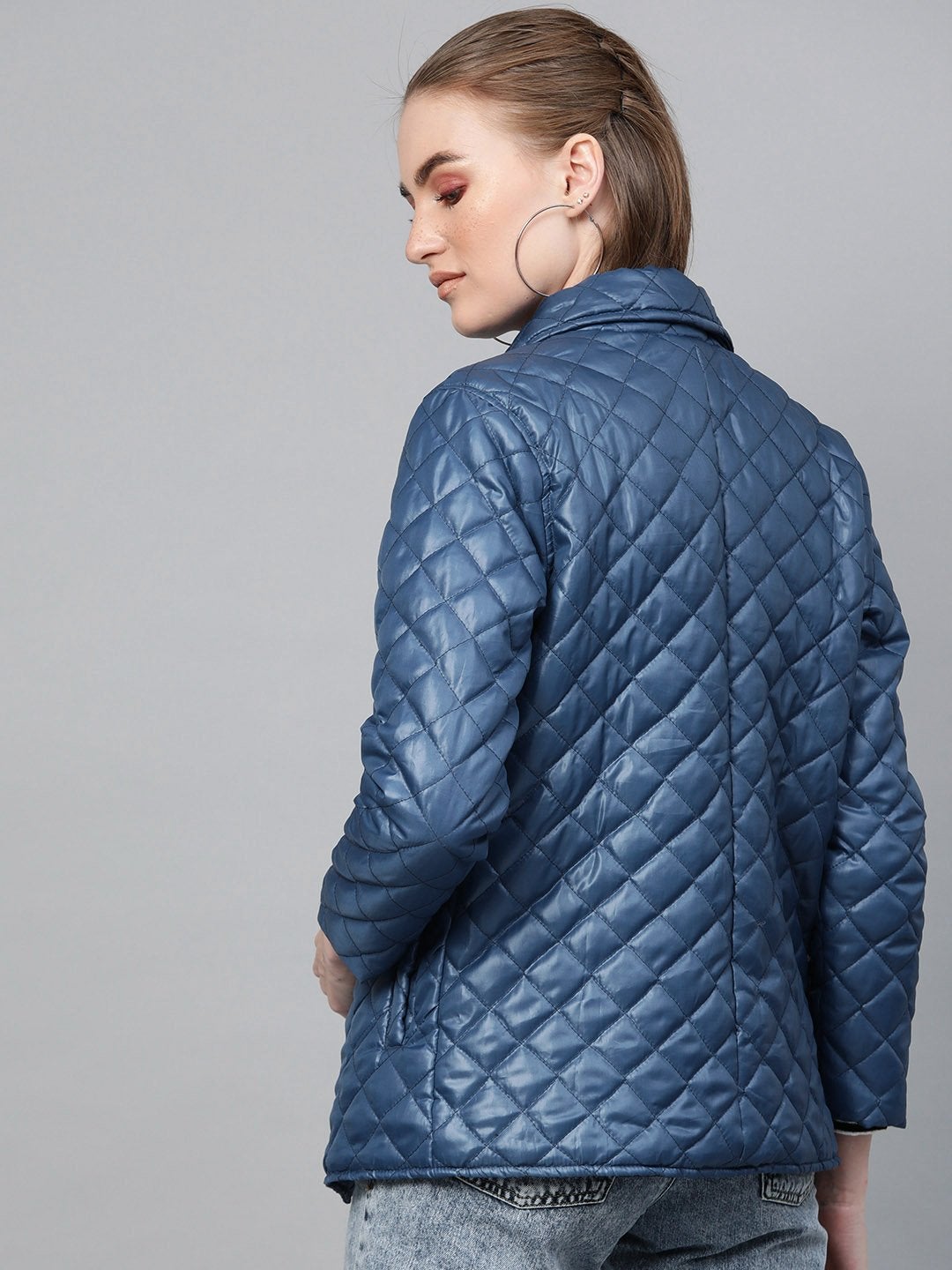 Women's Teal Quilted Collar Button Front Jacket