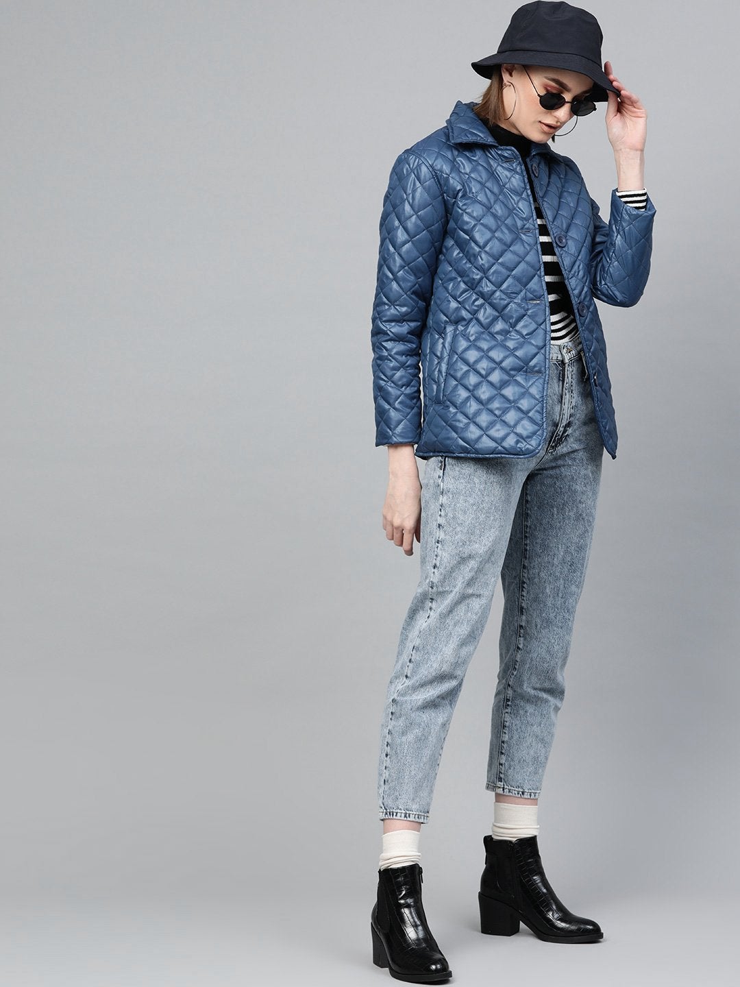 Women's Teal Quilted Collar Button Front Jacket