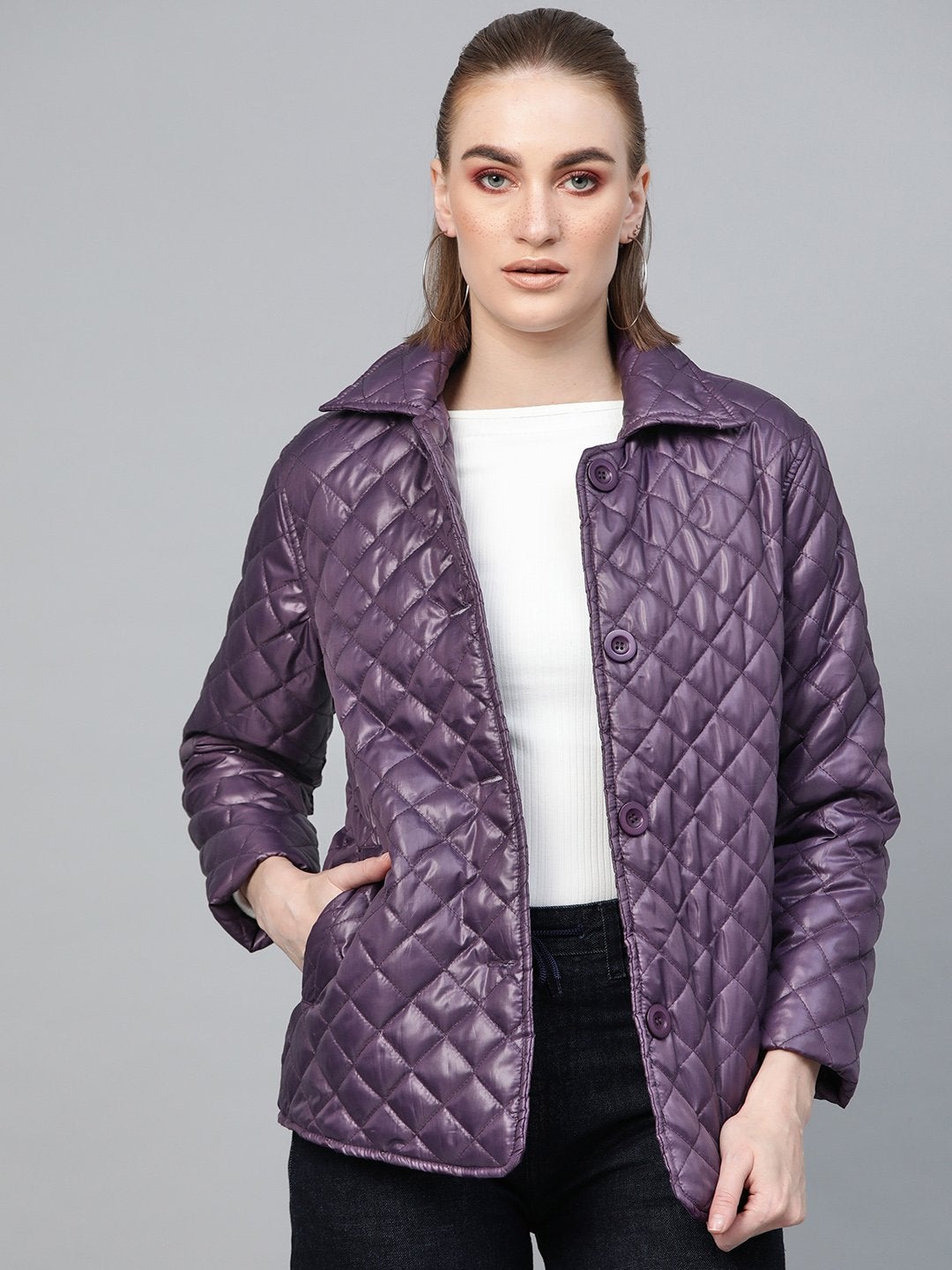 Women's Purple Quilted Collar Button Front Jacket