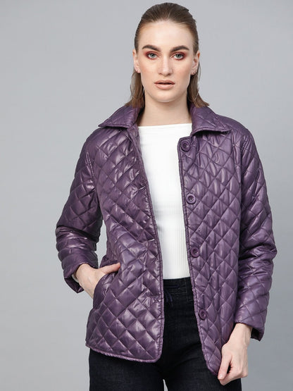 Women's Purple Quilted Collar Button Front Jacket