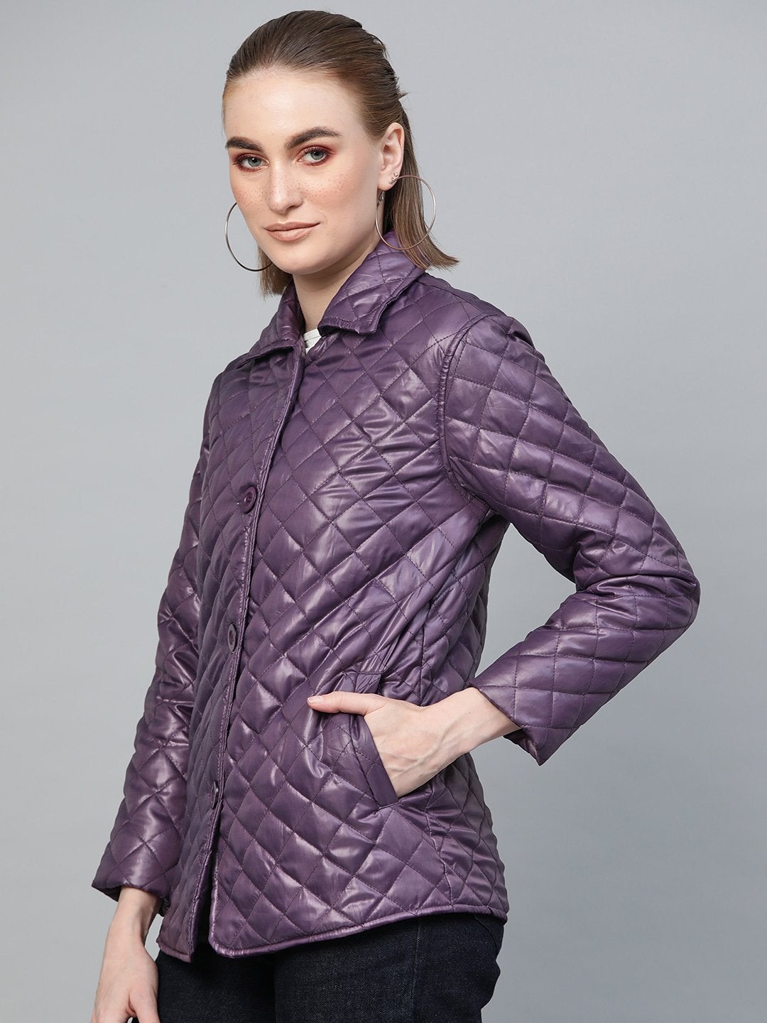 Women's Purple Quilted Collar Button Front Jacket