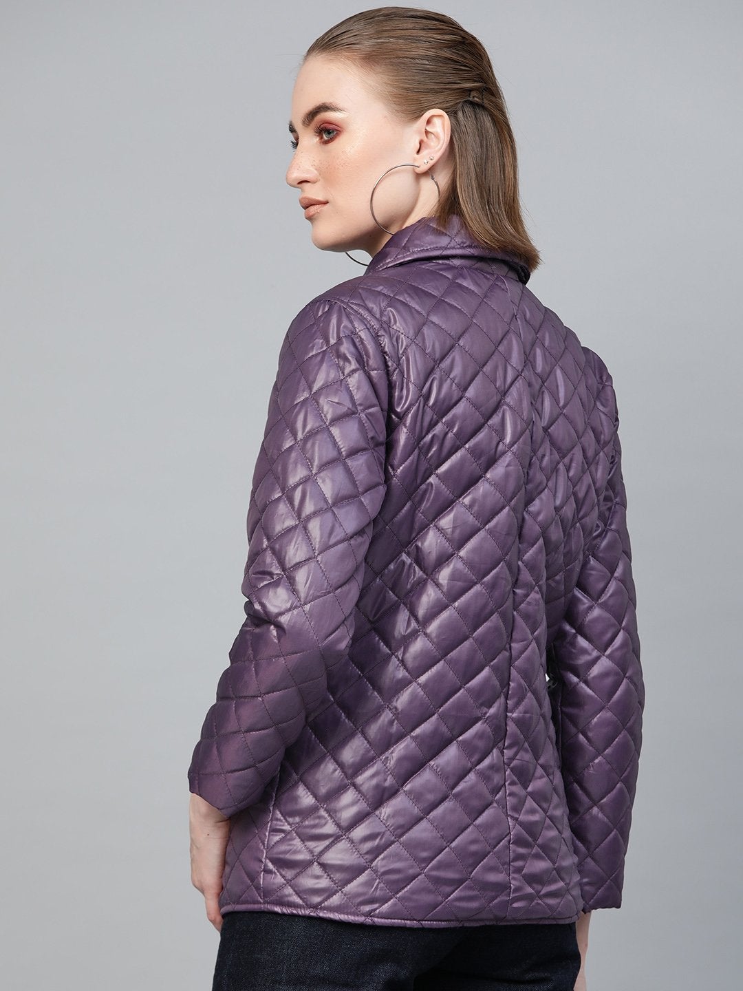 Women's Purple Quilted Collar Button Front Jacket