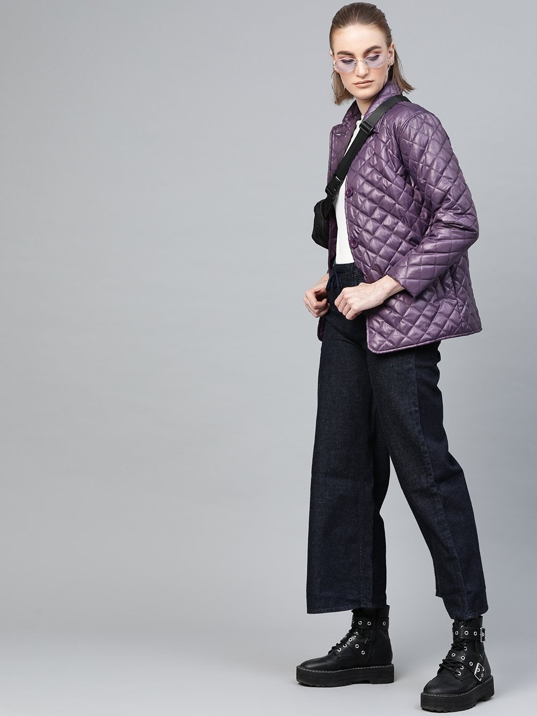 Women's Purple Quilted Collar Button Front Jacket