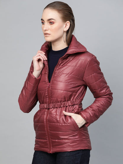 Women's Burgundy Belted Quilted Jacket