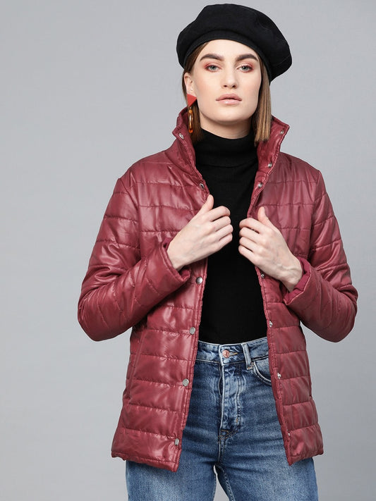 Women's Burgundy High Neck Qulited Jacket