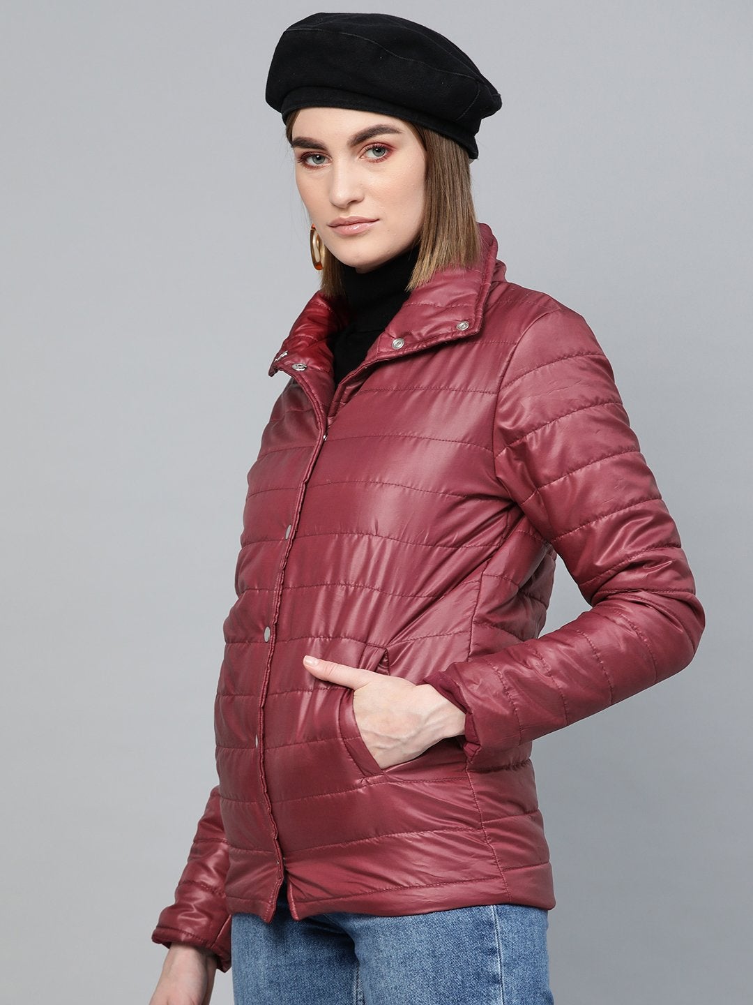 Women's Burgundy High Neck Qulited Jacket