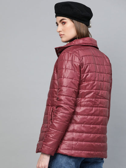 Women's Burgundy High Neck Qulited Jacket