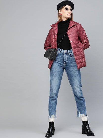 Women's Burgundy High Neck Qulited Jacket