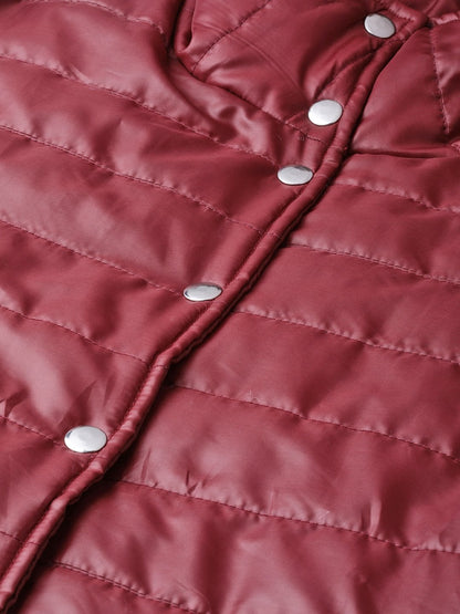 Women's Burgundy High Neck Qulited Jacket