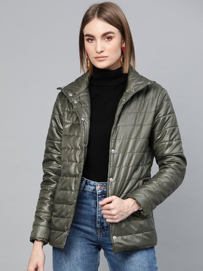 Women's Grey High Neck Qulited Jacket