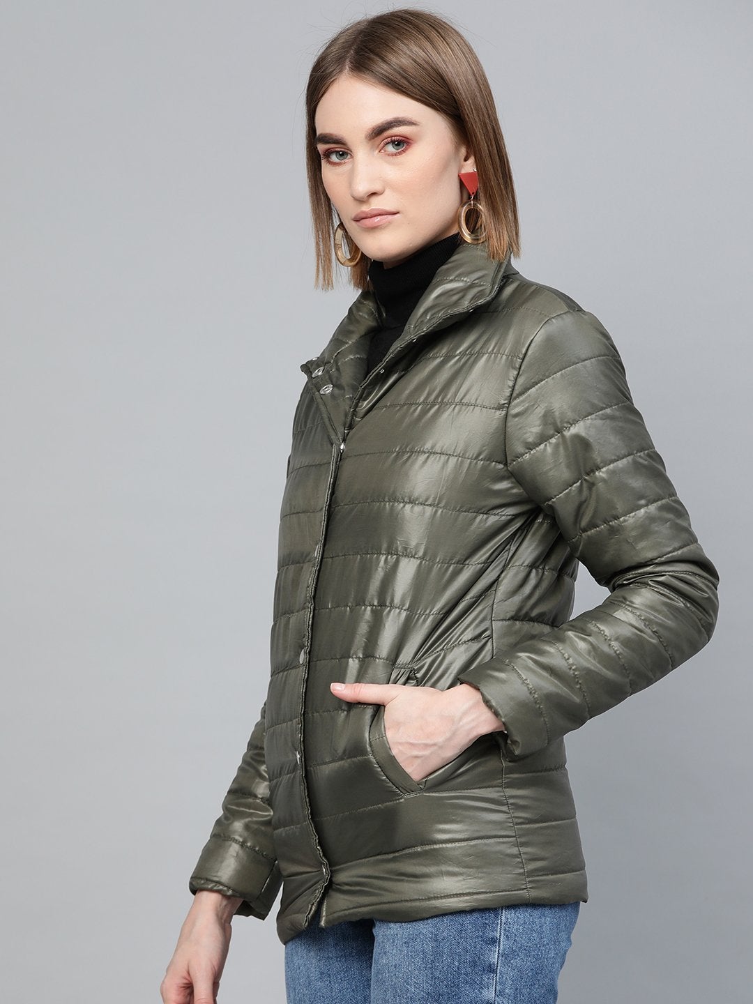 Women's Grey High Neck Qulited Jacket