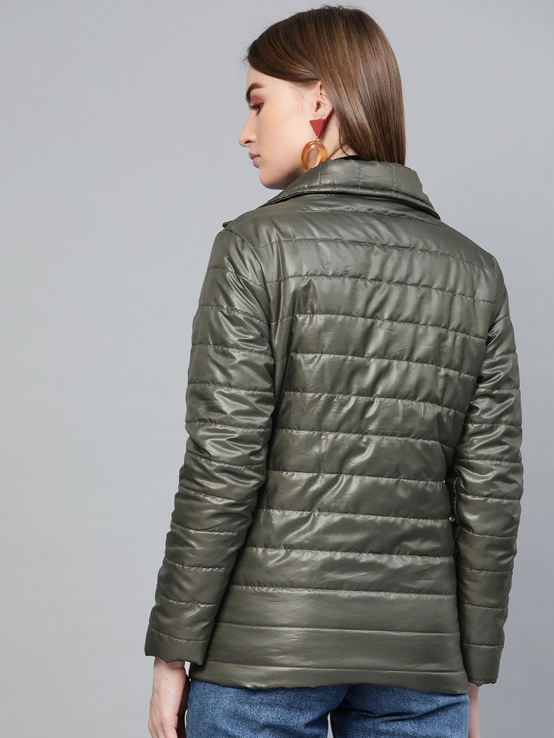 Women's Grey High Neck Qulited Jacket