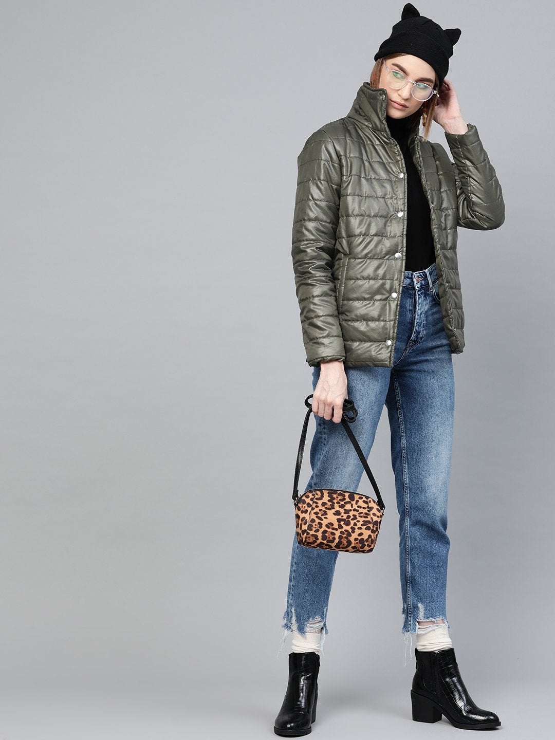 Women's Grey High Neck Qulited Jacket