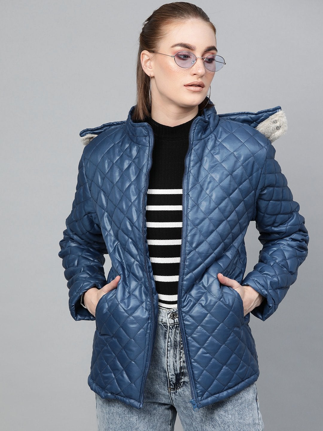 Women's Teal Quilted Fur-Hood Parka Jacket