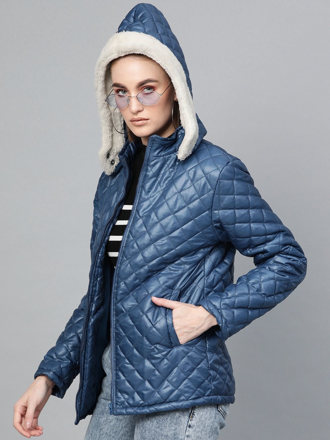 Women's Teal Quilted Fur-Hood Parka Jacket
