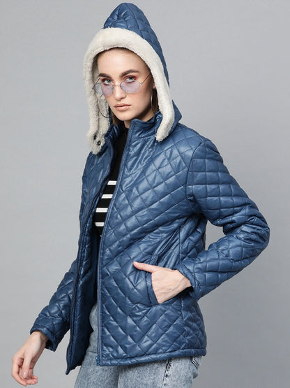 Women's Teal Quilted Fur-Hood Parka Jacket