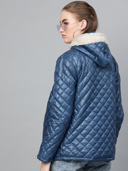 Women's Teal Quilted Fur-Hood Parka Jacket