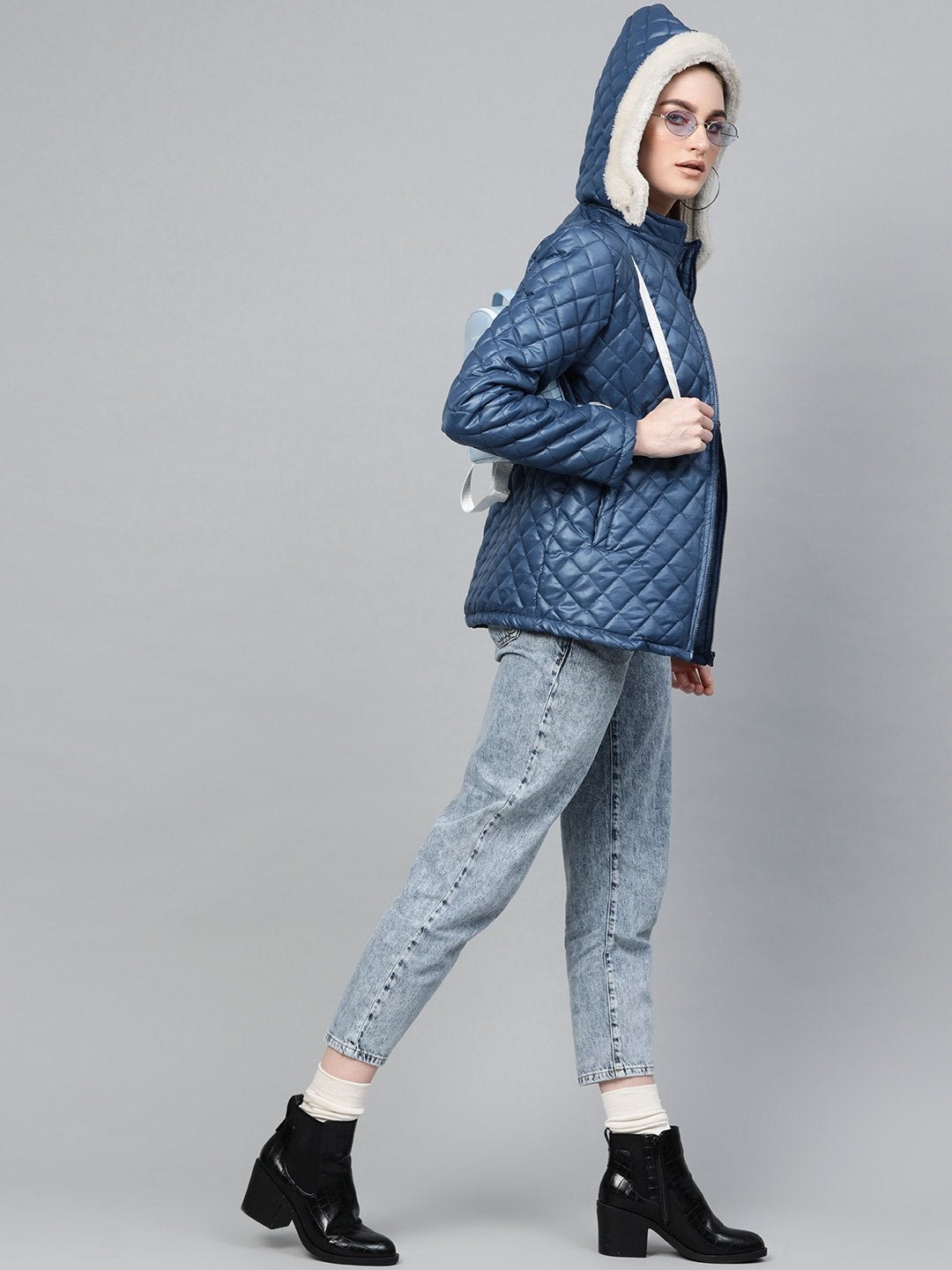 Women's Teal Quilted Fur-Hood Parka Jacket