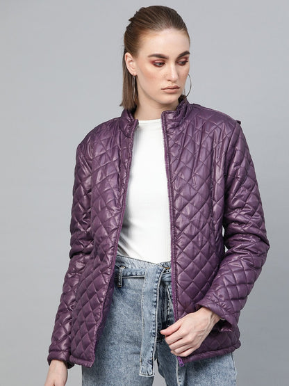 Women's Purple Quilted Fur-Hood Parka Jacket