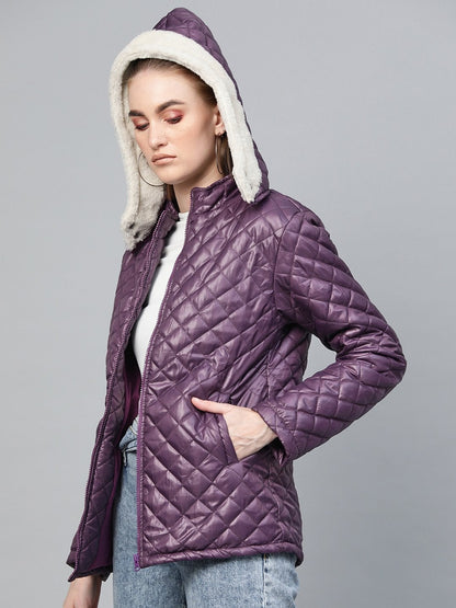 Women's Purple Quilted Fur-Hood Parka Jacket