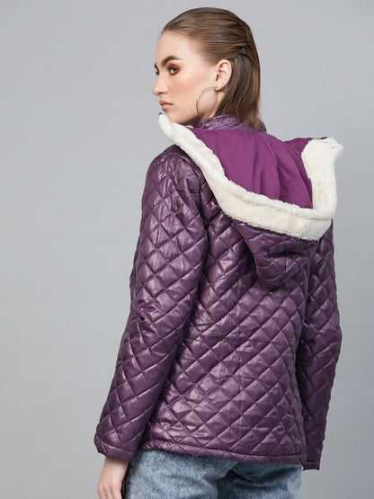 Women's Purple Quilted Fur-Hood Parka Jacket