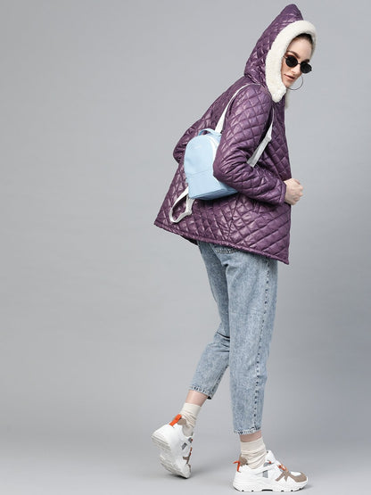 Women's Purple Quilted Fur-Hood Parka Jacket