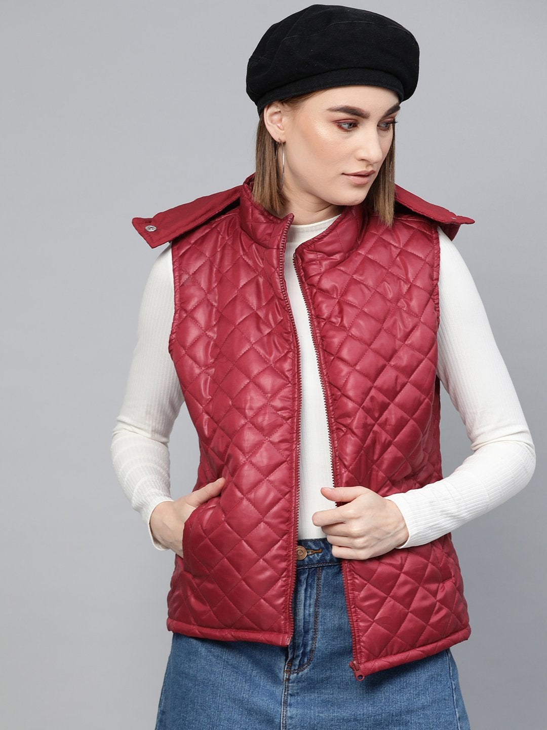 Women's Maroon Quilted Sleeveless Hood Jacket