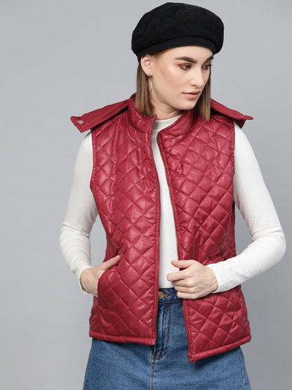 Women's Maroon Quilted Sleeveless Hood Jacket