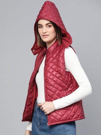 Women's Maroon Quilted Sleeveless Hood Jacket